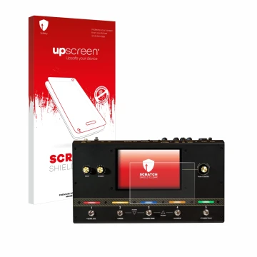 Face avant d’un emballage produit avec le logo de la marque upscreen. À côté, l’appareil Headrush Core est représenté avec la 