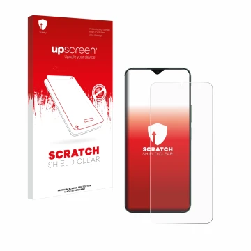 Face avant d’un emballage produit avec le logo de la marque upscreen. À côté, l’appareil Honor X6b est représenté avec la prot