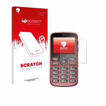 Face avant d’un emballage produit avec le logo de la marque upscreen. À côté, l’appareil Doro 1880 est représenté avec la prot