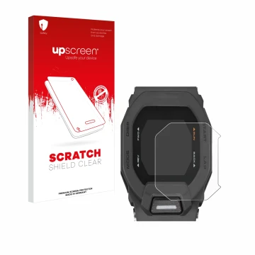 Face avant d’un emballage produit avec le logo de la marque upscreen. À côté, l’appareil Casio G-Shock GBD-200 est représenté 