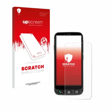 Face avant d’un emballage produit avec le logo de la marque upscreen. À côté, l’appareil SPC Zeus 4G Pro est représenté avec l