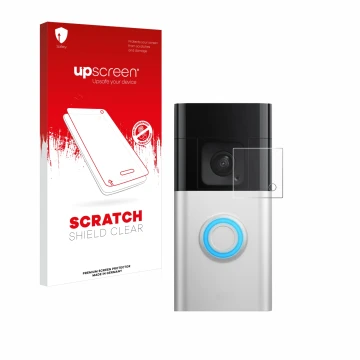 Face avant d’un emballage produit avec le logo de la marque upscreen. À côté, l’appareil Ring Battery Video Doorbell Pro est r