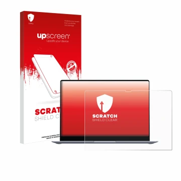 Face avant d’un emballage produit avec le logo de la marque upscreen. À côté, l’appareil Samsung Galaxy Book4 Edge 16