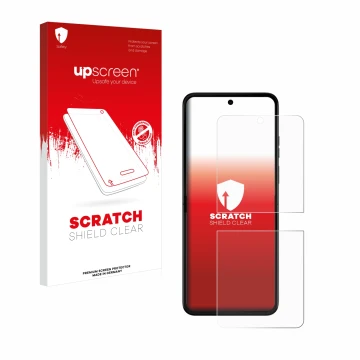 Face avant d’un emballage produit avec le logo de la marque upscreen. À côté, l’appareil Motorola Razr 50 est représenté avec 
