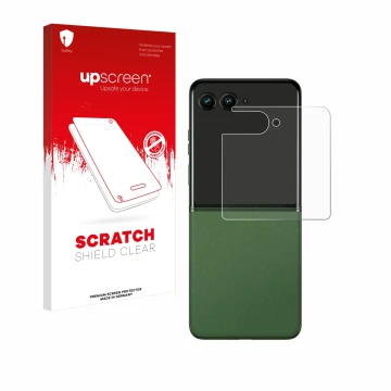 Face avant d’un emballage produit avec le logo de la marque upscreen. À côté, l’appareil Motorola Razr 50 (Affichage arrière) 