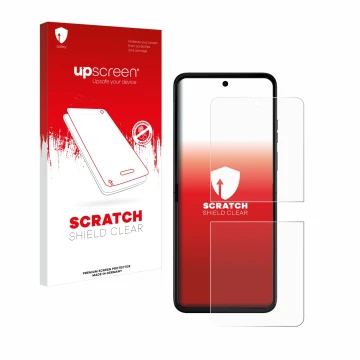 Face avant d’un emballage produit avec le logo de la marque upscreen. À côté, l’appareil Motorola Razr 50 Ultra est représenté