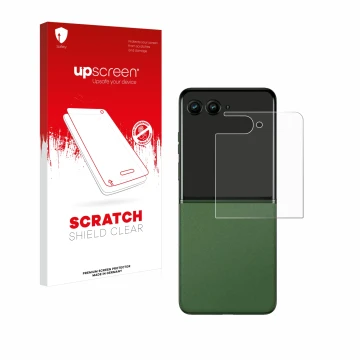 Face avant d’un emballage produit avec le logo de la marque upscreen. À côté, l’appareil Motorola Razr 50 Ultra (Affichage arr