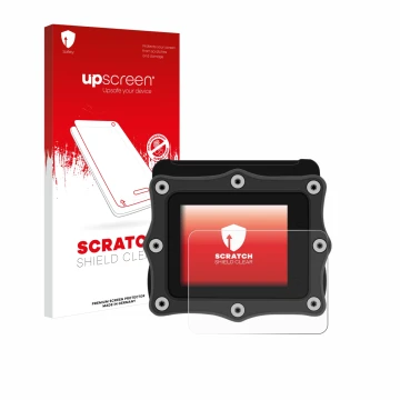 Face avant d’un emballage produit avec le logo de la marque upscreen. À côté, l’appareil Shearwater Perdix dive computer est r