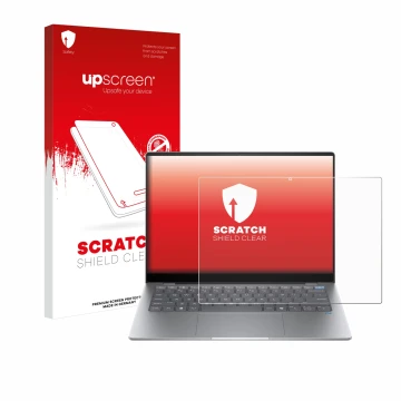 Face avant d’un emballage produit avec le logo de la marque upscreen. À côté, l’appareil HP OmniBook X AI 14 est représenté av