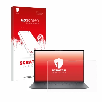 Face avant d’un emballage produit avec le logo de la marque upscreen. À côté, l’appareil Dell XPS 13 9345 est représenté avec 