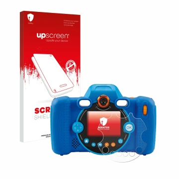 Face avant d’un emballage produit avec le logo de la marque upscreen. À côté, l’appareil Vtech Kidizoom Duo FX est représenté 