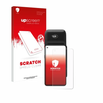 Face avant d’un emballage produit avec le logo de la marque upscreen. À côté, l’appareil Verifone T650c est représenté avec la