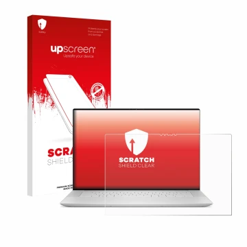 Face avant d’un emballage produit avec le logo de la marque upscreen. À côté, l’appareil Dell XPS 16 9640 est représenté avec 