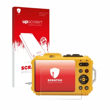 Face avant d’un emballage produit avec le logo de la marque upscreen. À côté, l’appareil Kodak Pixpro WPZ2 est représenté avec