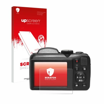 Face avant d’un emballage produit avec le logo de la marque upscreen. À côté, l’appareil Kodak Pixpro AZ255 est représenté ave