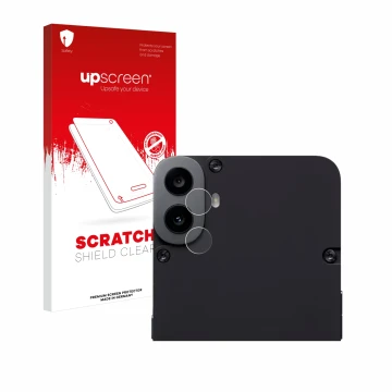 Face avant d’un emballage produit avec le logo de la marque upscreen. À côté, l’appareil Nothing CMF Phone 1 (Caméra UNIQUEMEN