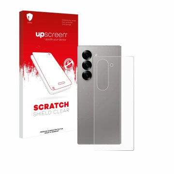 Face avant d’un emballage produit avec le logo de la marque upscreen. À côté, l’appareil Samsung Galaxy Z Fold 6 5G (Arrière) 