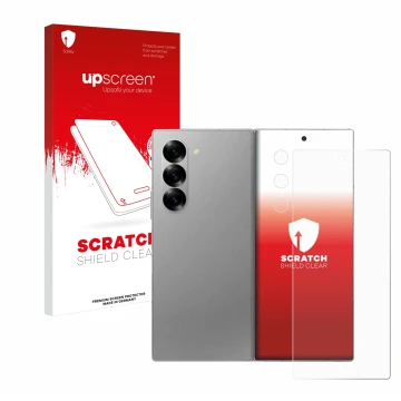 Face avant d’un emballage produit avec le logo de la marque upscreen. À côté, l’appareil Samsung Galaxy Z Fold 6 5G (Avant+Cam