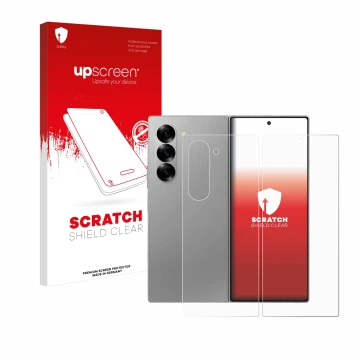 Face avant d’un emballage produit avec le logo de la marque upscreen. À côté, l’appareil Samsung Galaxy Z Fold 6 5G (Avant+Arr