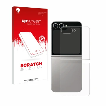 Face avant d’un emballage produit avec le logo de la marque upscreen. À côté, l’appareil Samsung Galaxy Z Flip 6 (Arrière) est