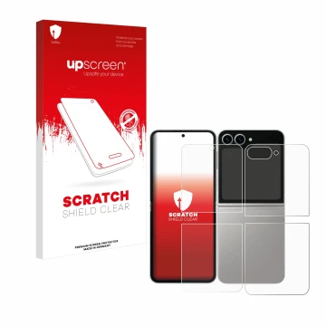 Face avant d’un emballage produit avec le logo de la marque upscreen. À côté, l’appareil Samsung Galaxy Z Flip 6 (Avant+Arrièr