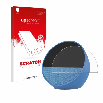Face avant d’un emballage produit avec le logo de la marque upscreen. À côté, l’appareil Amazon Echo Spot 2024 est représenté 