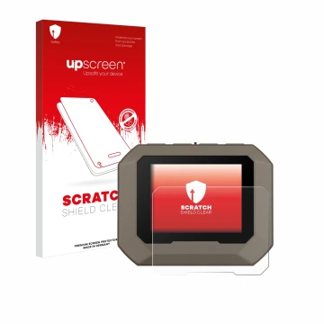 Face avant d’un emballage produit avec le logo de la marque upscreen. À côté, l’appareil Garmin Xero C1 Pro est représenté ave