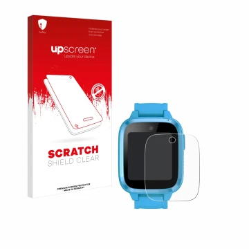 Face avant d’un emballage produit avec le logo de la marque upscreen. À côté, l’appareil Xplora Kidzi Watch est représenté ave