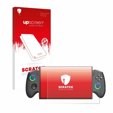 Face avant d’un emballage produit avec le logo de la marque upscreen. À côté, l’appareil OneXPlayer X1 Mini est représenté ave