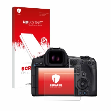 Face avant d’un emballage produit avec le logo de la marque upscreen. À côté, l’appareil Canon EOS R5 Mark II est représenté a