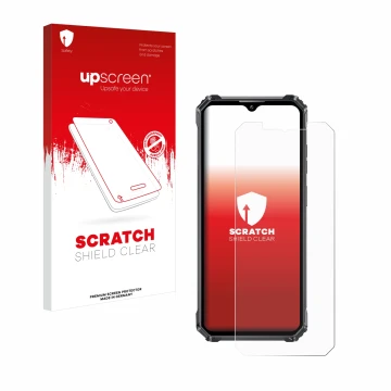 Face avant d’un emballage produit avec le logo de la marque upscreen. À côté, l’appareil Oukitel WP28E est représenté avec la 