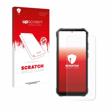 Face avant d’un emballage produit avec le logo de la marque upscreen. À côté, l’appareil Fossibot F105 est représenté avec la 