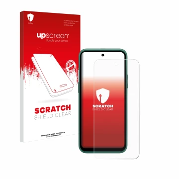 Face avant d’un emballage produit avec le logo de la marque upscreen. À côté, l’appareil Nokia XR21 Limited Edition est représ