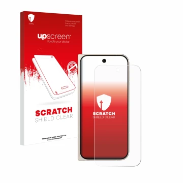 Face avant d’un emballage produit avec le logo de la marque upscreen. À côté, l’appareil Google Pixel 9 Pro Fold est représent