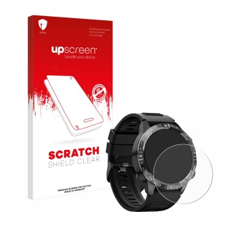 Face avant d’un emballage produit avec le logo de la marque upscreen. À côté, l’appareil Sanorum Smartwatch 1.43