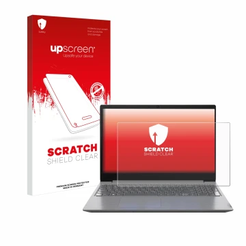 Face avant d’un emballage produit avec le logo de la marque upscreen. À côté, l’appareil Lenovo 15.6
