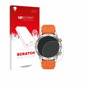 Face avant d’un emballage produit avec le logo de la marque upscreen. À côté, l’appareil Bytelike Smartwatch 1.43
