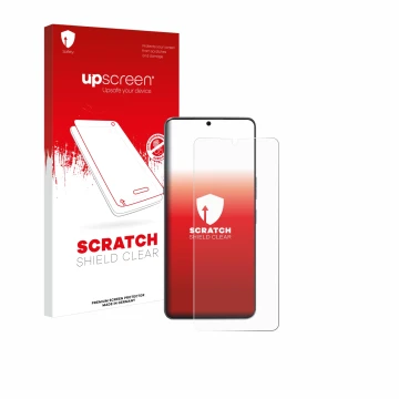 Face avant d’un emballage produit avec le logo de la marque upscreen. À côté, l’appareil Cubot Max 5 est représenté avec la pr