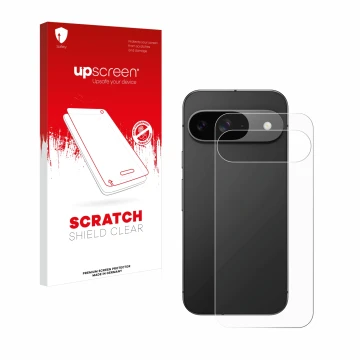 Face avant d’un emballage produit avec le logo de la marque upscreen. À côté, l’appareil Google Pixel 9 (Arrière) est représen