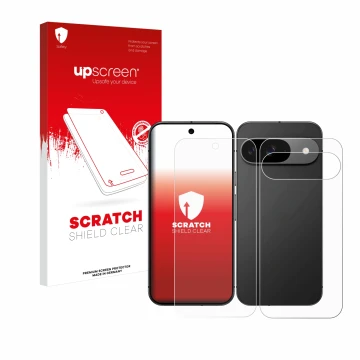 Face avant d’un emballage produit avec le logo de la marque upscreen. À côté, l’appareil Google Pixel 9 (Avant+Arrière) est re