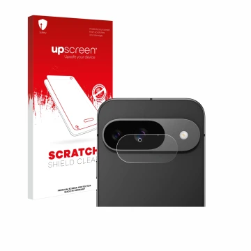 Face avant d’un emballage produit avec le logo de la marque upscreen. À côté, l’appareil Google Pixel 9 (Caméra UNIQUEMENT) es