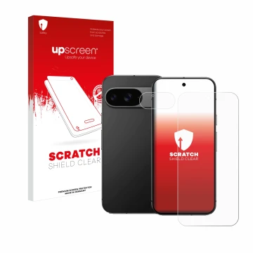 Face avant d’un emballage produit avec le logo de la marque upscreen. À côté, l’appareil Google Pixel 9 (Avant+Caméra) est rep