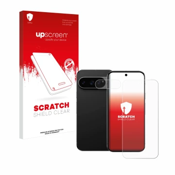 Face avant d’un emballage produit avec le logo de la marque upscreen. À côté, l’appareil Google Pixel 9 Pro XL (Avant+Caméra) 