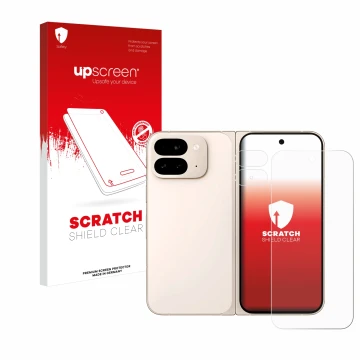 Face avant d’un emballage produit avec le logo de la marque upscreen. À côté, l’appareil Google Pixel 9 Pro Fold (Avant+Caméra