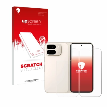 Face avant d’un emballage produit avec le logo de la marque upscreen. À côté, l’appareil Google Pixel 9 Pro Fold (Avant+Arrièr