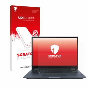 Face avant d’un emballage produit avec le logo de la marque upscreen. À côté, l’appareil ASUS Vivobook S 14 Flip TN3402 est re
