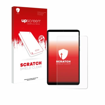 Face avant d’un emballage produit avec le logo de la marque upscreen. À côté, l’appareil Xiaomi Redmi Pad SE 8.7 est représent