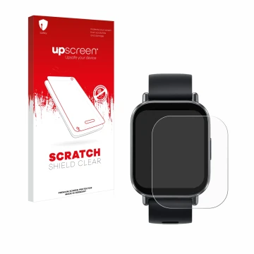 Face avant d’un emballage produit avec le logo de la marque upscreen. À côté, l’appareil Xiaomi Redmi Watch 5 Active est repré