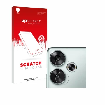 Face avant d’un emballage produit avec le logo de la marque upscreen. À côté, l’appareil Xiaomi Poco F6 (Caméra UNIQUEMENT) es