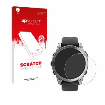 Face avant d’un emballage produit avec le logo de la marque upscreen. À côté, l’appareil Garmin Fenix E est représenté avec la